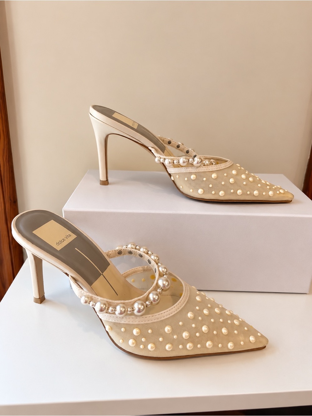 Dolce Vita Cream Pearl-Embellished Pointed Mule Heels